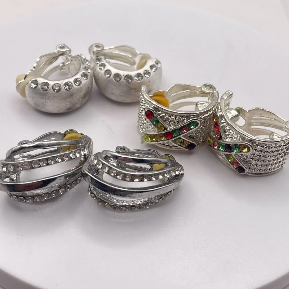Vintage Silver Tone Clip On Earring Lot 3 Pairs Rhinestone Multi Color Hoop Set